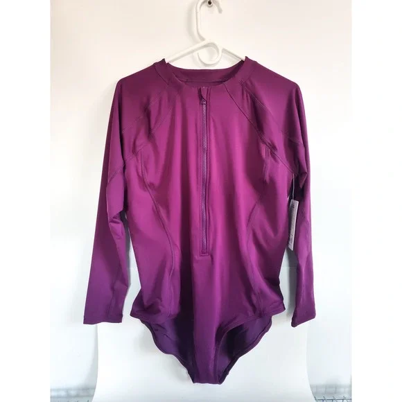 New Athleta One Piece Swimsuit XL Rashguard Purple Long Sleeve NWT Front Zip - Picture 3 of 9